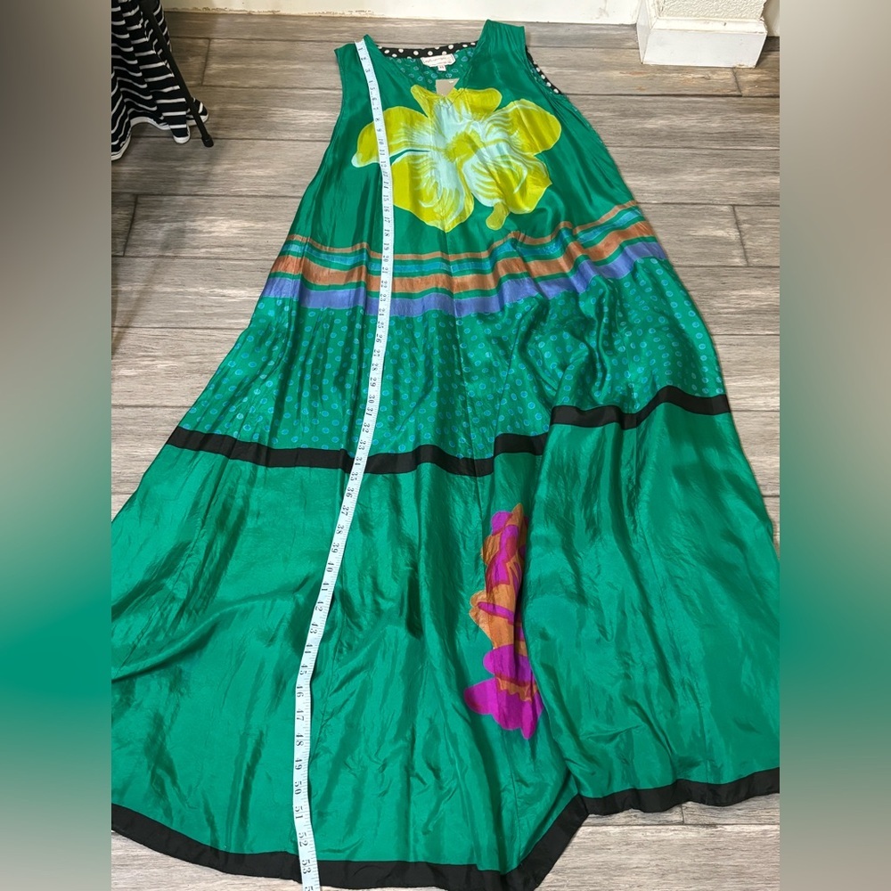 ANUPAMAA Silk Maxi Dress Green Floral Print Boho Luxe Summer Vacation Gown - Picture 9 of 13